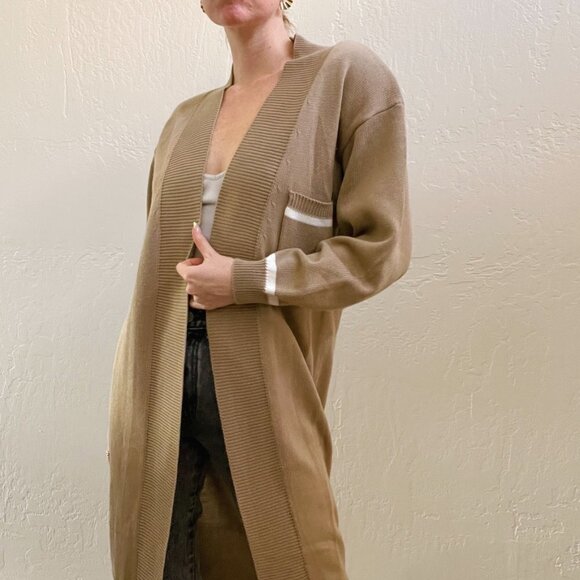 Vintage 1980's Neutral Tan Long Duster Knit Cardigan Sweater - Picture 4 of 8